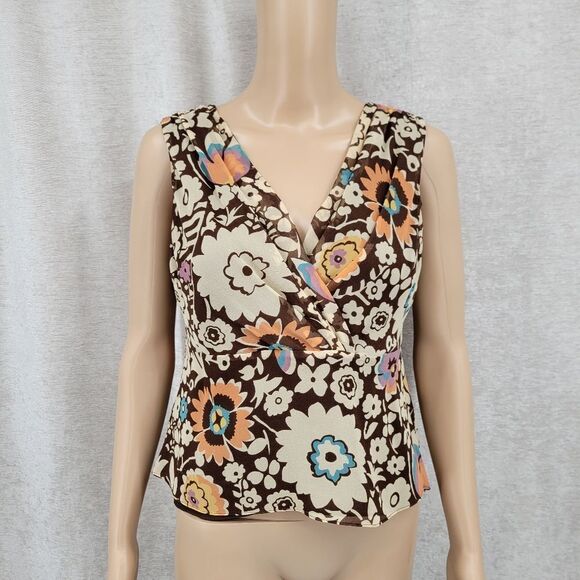 Anne Klein Y2K Brown Silk Cropped Floral Sleeveless Top Blouse Floral Boho - Picture 1 of 9